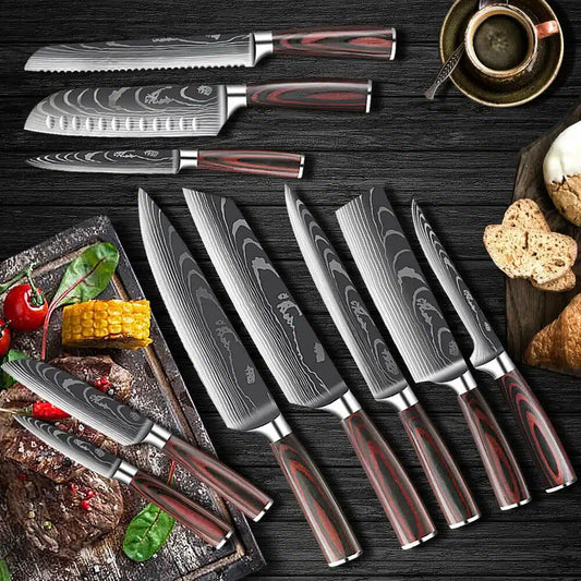 Set de cuțite profesionale HOCHO SHIRO GAMI, oțel japonez HRC 60, mâner Deluxe Pakka, călire laser, 10 cuțite – imagine produ