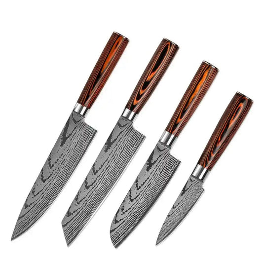 Set 4 cuțite profesionale HOCHO JP, oțel japonez HRC 60 călire laser, mâner Deluxe Pakka