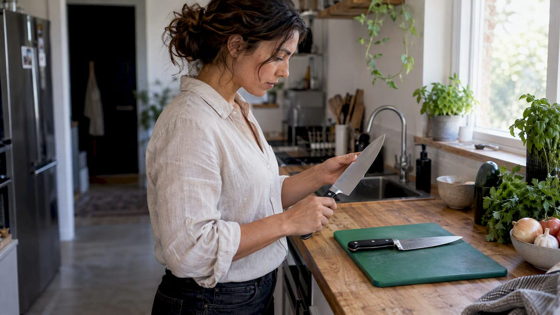 O bucătăreasă compară două cuțite chef