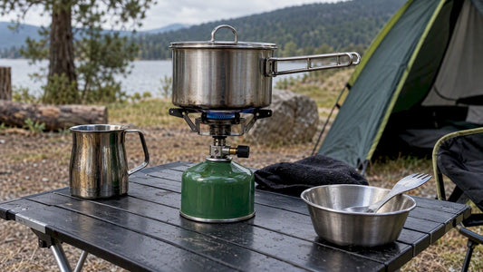 Arzător și vase din inox pentru gătit în camping