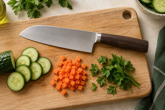 Cuțit Santoku cu lamă lată, pe un tocător din lemn, alături de castravete, morcov și pătrunjel.