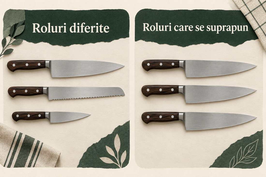 Comparație între trei cuțite cu roluri diferite și trei cuțite Chef cu utilizări care se pot suprapune.
