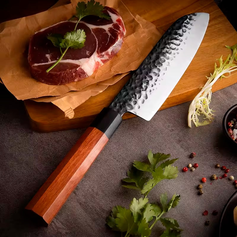 Cuțit profesional HOCHO Santoku seria JP, oțel japonez HRC 60 călire manuală, mâner Deluxe Pakka – imagine produs 4