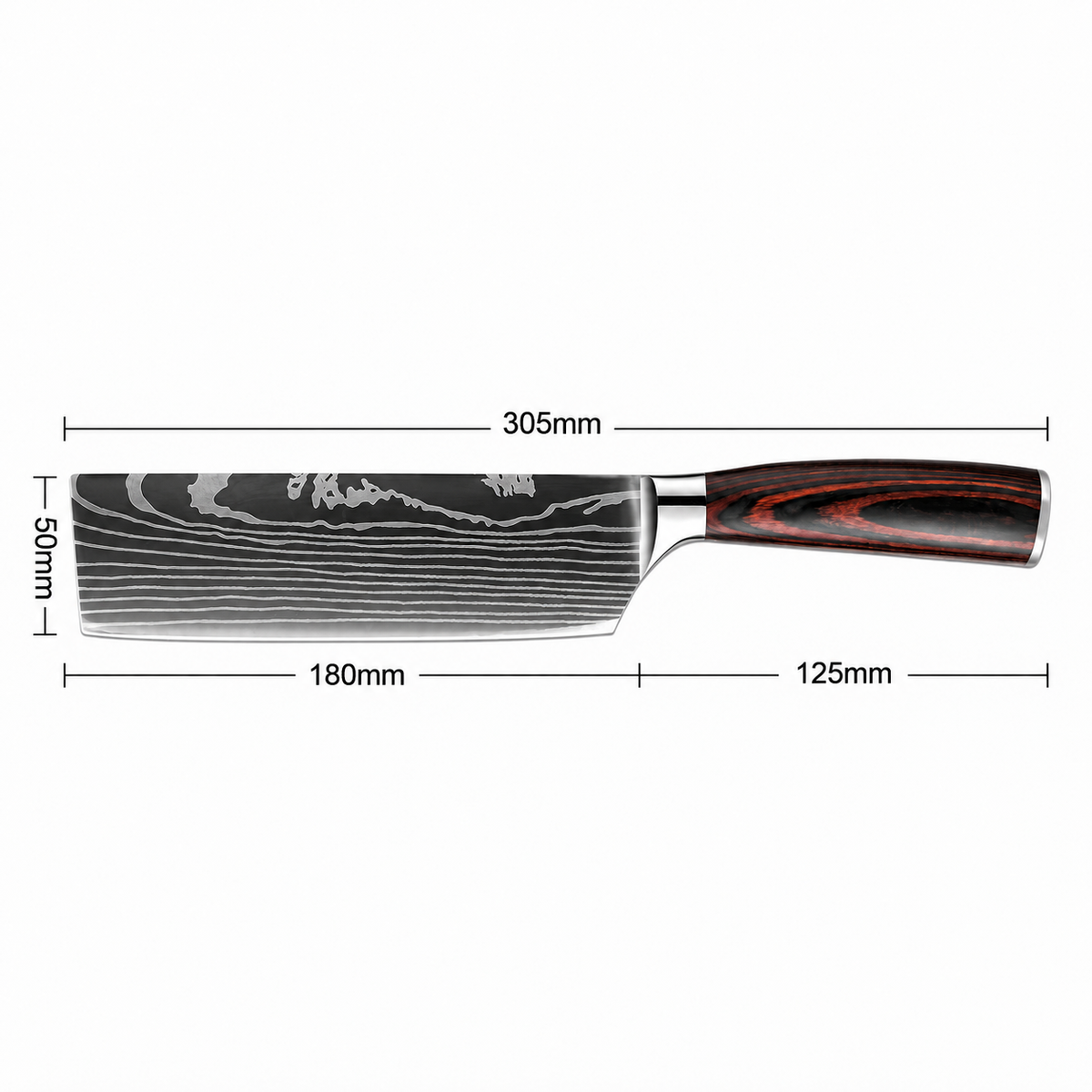 Cuțit Nakiri HOCHO cu mâner roșu-negru – schema dimensiunilor