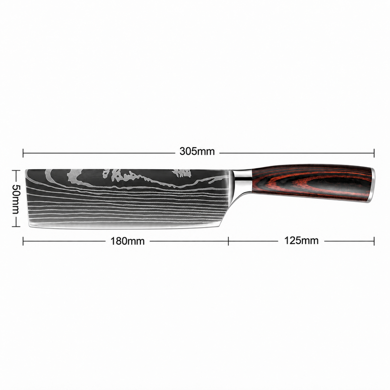 Cuțit Nakiri HOCHO cu mâner roșu-negru – schema dimensiunilor