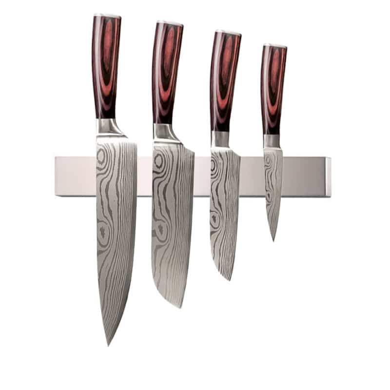 Set 4 cuțite profesionale cu suport magnetic profesional 45 cm HOCHO, oțel japonez HRC 60 călire laser, mâner Deluxe Pakka
