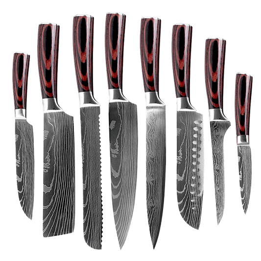 Set 8 cuțite profesionale cu suport magnetic stationar salcam HOCHO, oțel japonez HRC 60 călire laser, mâner Deluxe Pakka – i