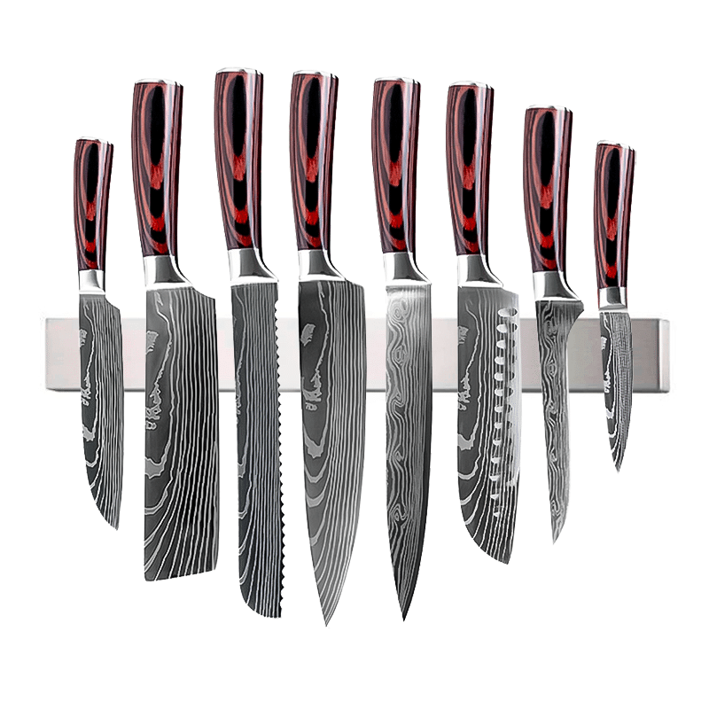 Set 8 cuțite profesionale cu suport magnetic profesional 45 cm HOCHO, oțel japonez HRC 60 călire laser, mâner Deluxe Pakka