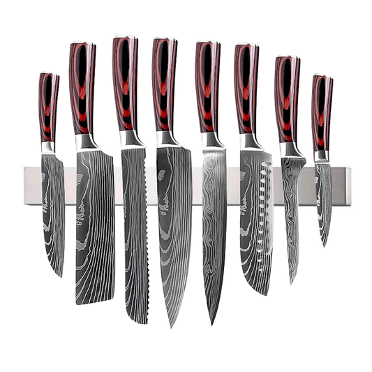 Set 8 cuțite profesionale cu suport magnetic profesional 45 cm HOCHO, oțel japonez HRC 60 călire laser, mâner Deluxe Pakka
