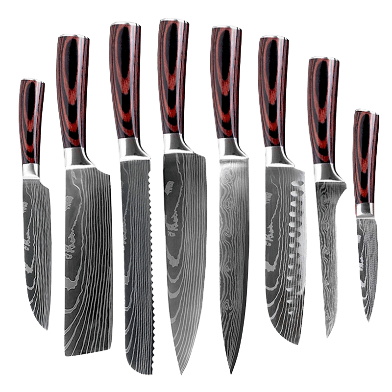 Set 8 cuțite profesionale cu suport magnetic profesional 45 cm HOCHO, oțel japonez HRC 60 călire laser, mâner Deluxe Pakka – 