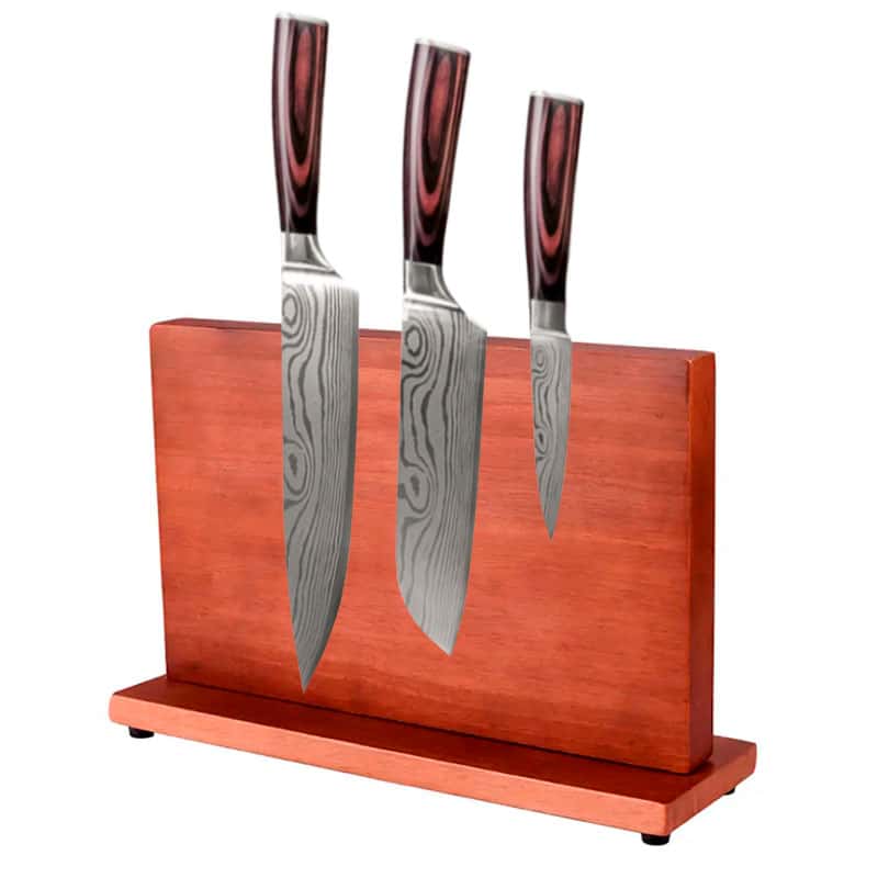 Set 3 cuțite profesionale cu suport magnetic stationar salcam HOCHO, oțel japonez HRC 60 călire laser, mâner Deluxe Pakka8