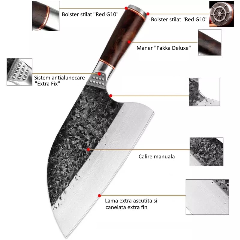 Cuțit profesional HOCHO Serbian seria Brutus, oțel japonez HRC 60 călire manuală, mâner Deluxe Pakka – imagine produs 5