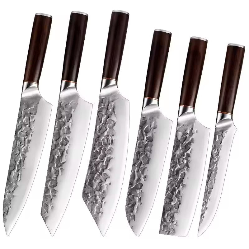 Set 6 cuțite profesionale seria Vintage, oțel japonez HRC 60 călire manuală, mâner de lemn