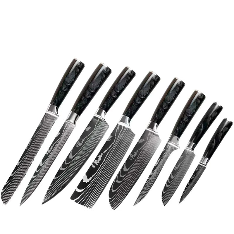 Set 8 cuțite profesionale HOCHO, oțel japonez HRC 60, călire laser, 8 cuțite, mâner G10