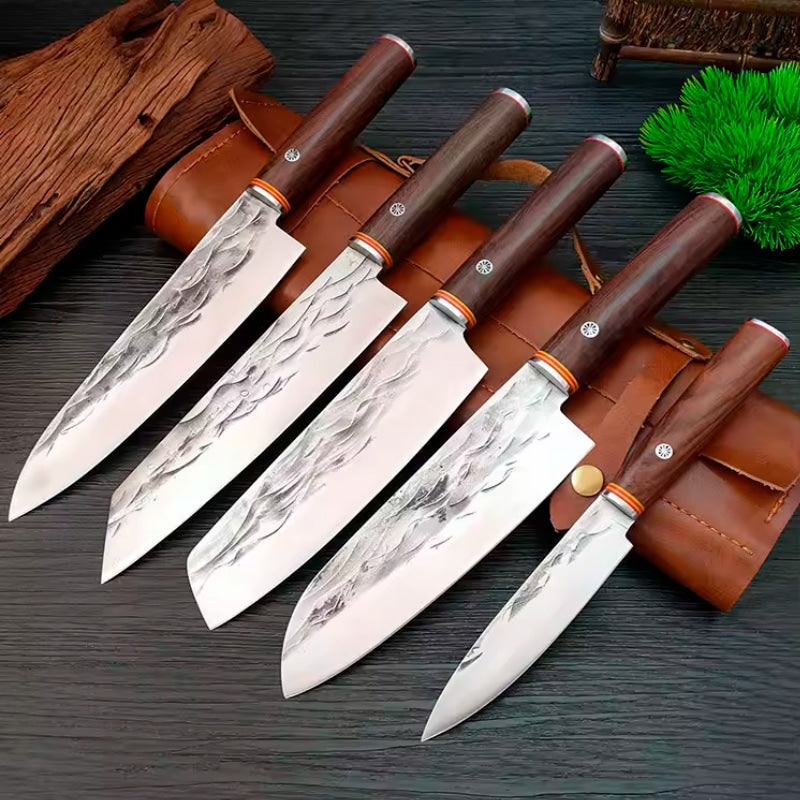 Set 5 cuțite profesionale seria Timeless, oțel japonez HRC 60 călire manuală, mâner de lemn – imagine produs 3