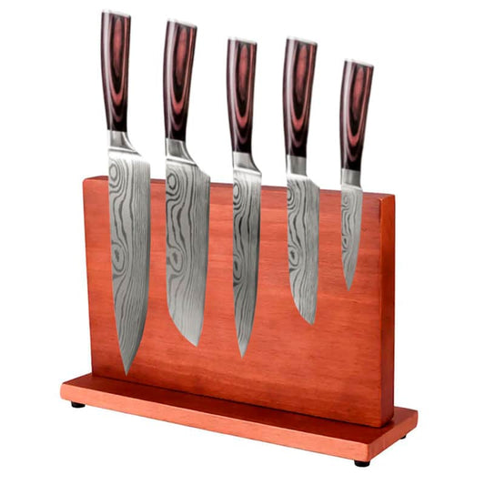 Set 5 cuțite profesionale cu suport magnetic stationar salcam HOCHO, oțel japonez HRC 60 călire laser, mâner Deluxe Pakka