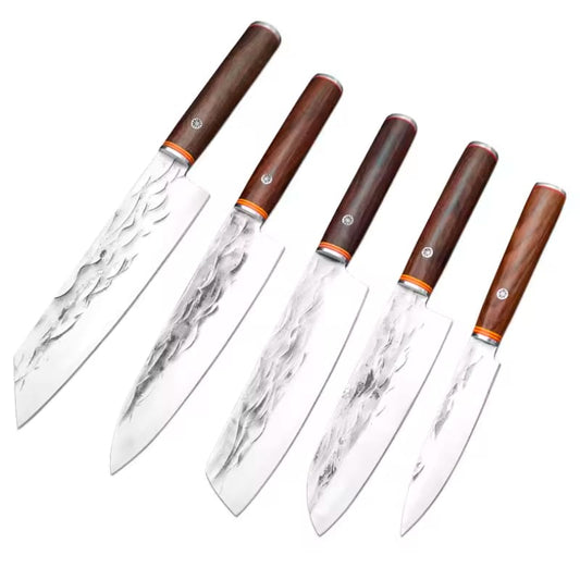 Set 5 cuțite profesionale seria Timeless, oțel japonez HRC 60 călire manuală, mâner de lemn