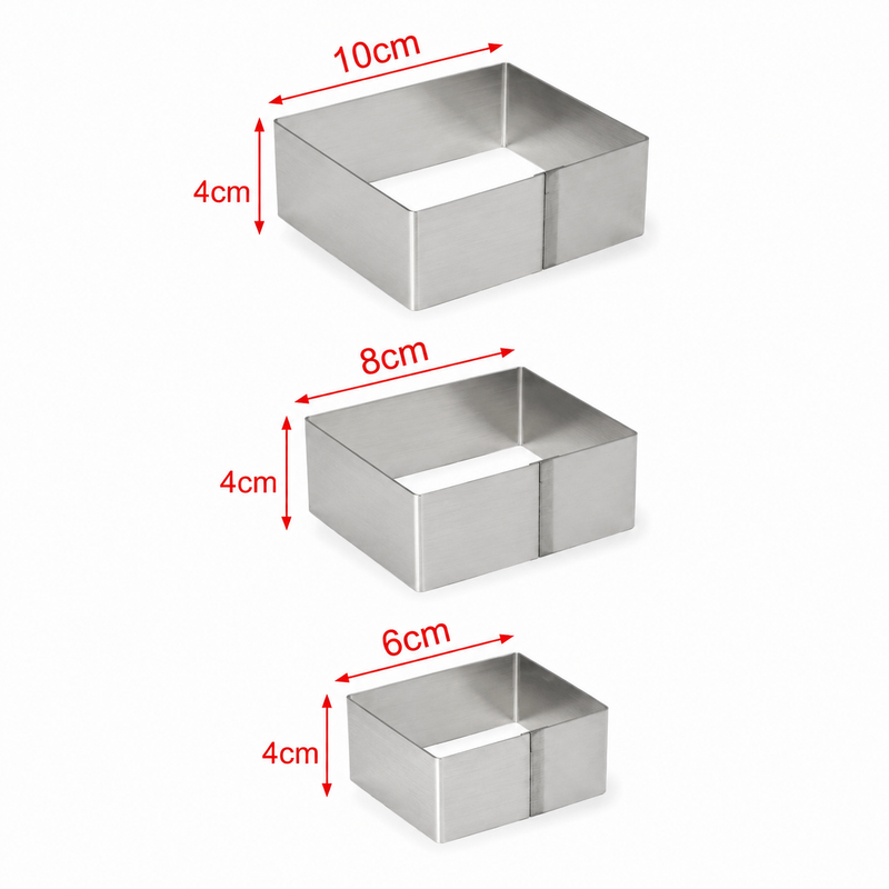 Set forme pătrate pentru patiserie, din inox, 3 piese, 4x6, 4x8, 4x10 cm, ser...