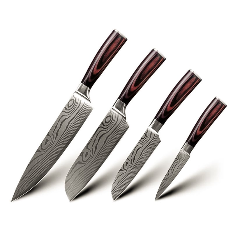 Set 4 cuțite profesionale HOCHO, oțel japonez HRC 60 călire laser, mâner Deluxe Pakka