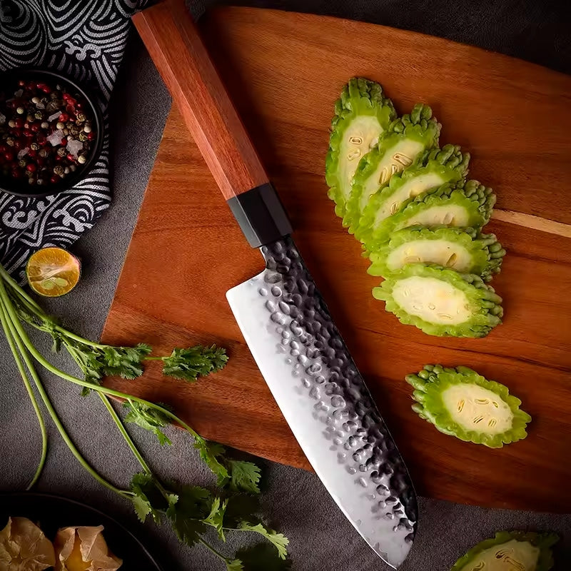 Cuțit profesional HOCHO Santoku seria JP, oțel japonez HRC 60 călire manuală, mâner Deluxe Pakka – imagine produs 2