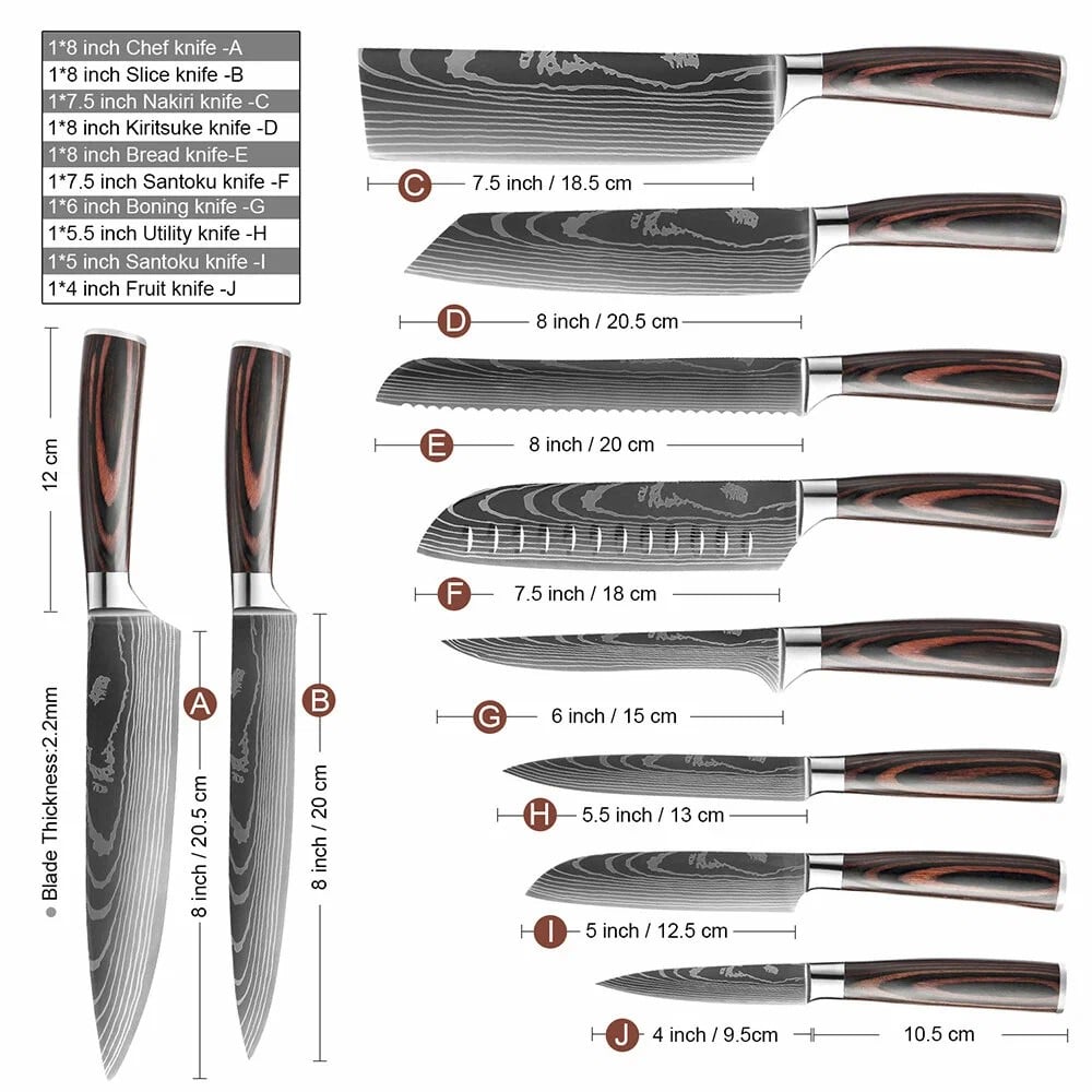 Set de cuțite profesionale HOCHO SHIRO GAMI, oțel japonez HRC 60, mâner Deluxe Pakka, călire laser, 10 cuțite – imagine produ