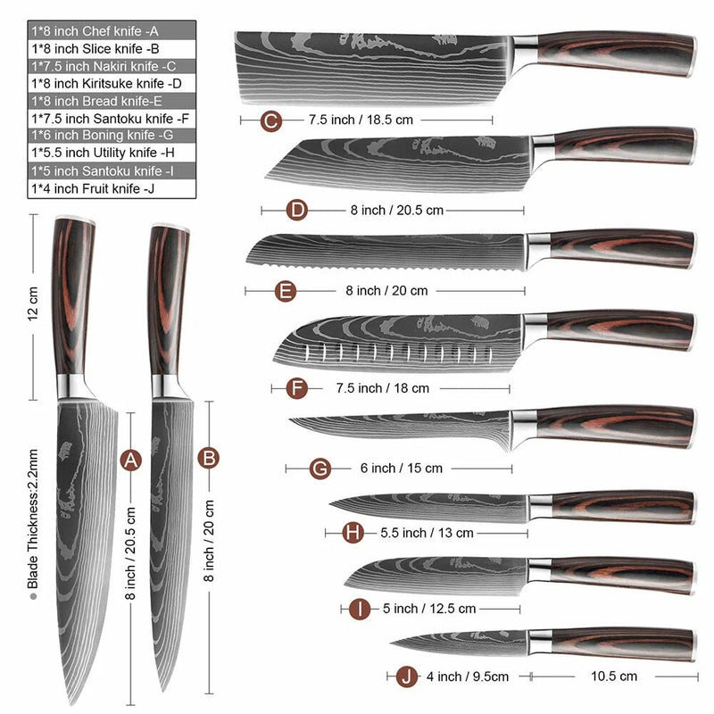 Set de cuțite profesionale HOCHO SHIRO GAMI, oțel japonez HRC 60, mâner Deluxe Pakka, călire laser, 10 cuțite – imagine produ