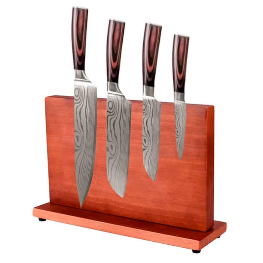 Set 4 cuțite profesionale cu suport magnetic stationar salcam HOCHO, oțel japonez HRC 60 călire laser, mâner Deluxe Pakka