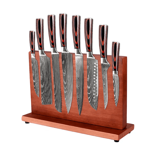 Set 8 cuțite profesionale cu suport magnetic stationar salcam HOCHO, oțel japonez HRC 60 călire laser, mâner Deluxe Pakka