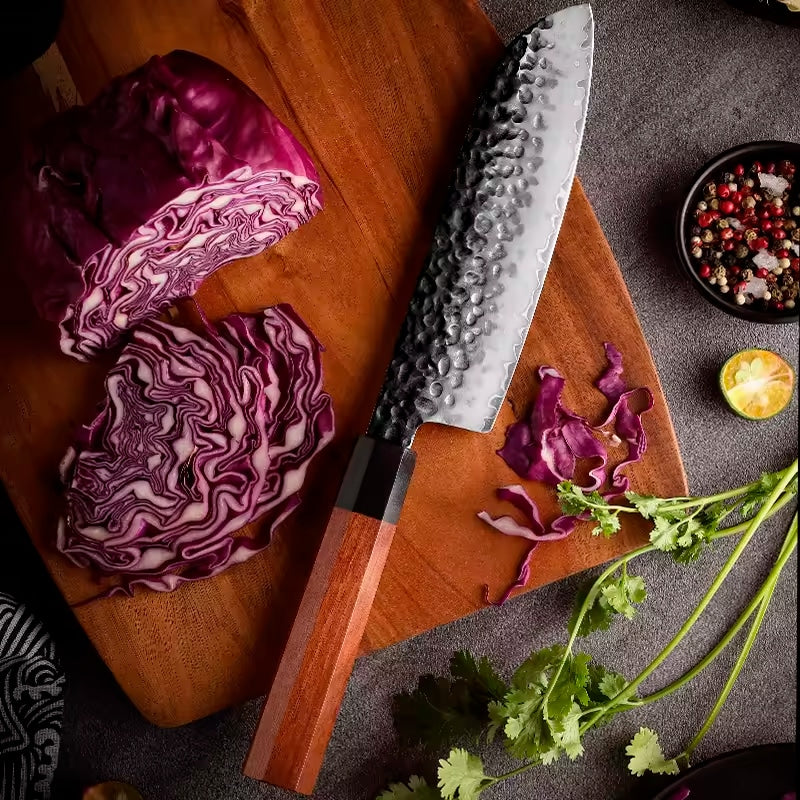 Cuțit profesional HOCHO Santoku seria JP, oțel japonez HRC 60 călire manuală, mâner Deluxe Pakka – imagine produs 3