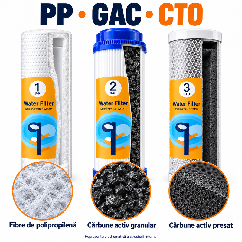 Secțiuni prin cartușele PP, GAC și CTO, cu materialele filtrante ilustrate
