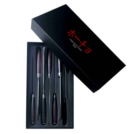 Set de cuțite profesionale HOCHO SHIRO GAMI, oțel japonez HRC 60, mâner Deluxe Pakka, călire laser, 8 cuțite – imagine produs