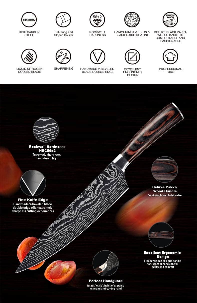 Set de cuțite profesionale HOCHO SHIRO GAMI, oțel japonez HRC 60, mâner Deluxe Pakka, călire laser, 8 cuțite – imagine produs