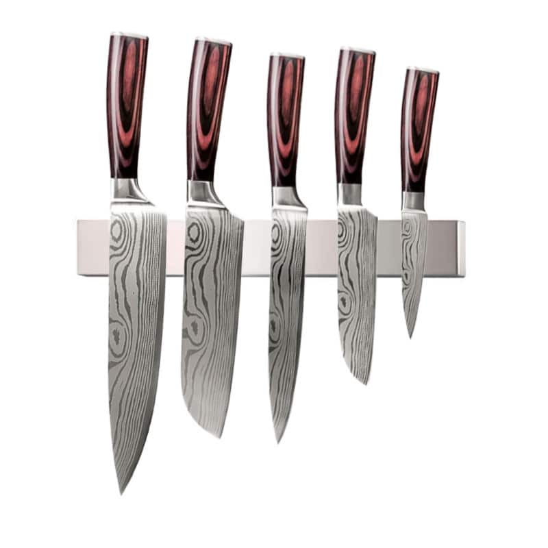 Set 5 cuțite profesionale cu suport magnetic profesional 45 cm HOCHO, oțel japonez HRC 60 călire laser, mâner Deluxe Pakka
