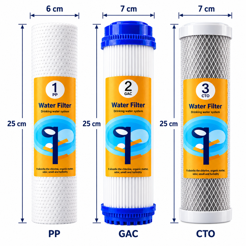Dimensiuni - Set AQUAROO cu 3 prefiltre PP, GAC și CTO de 10 inch