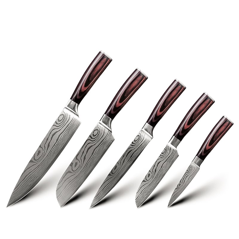 Set 5 cuțite profesionale cu suport magnetic profesional 45 cm HOCHO, oțel japonez HRC 60 călire laser, mâner Deluxe Pakka – 