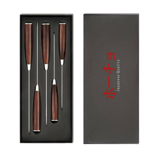 Set 5 cuțite profesionale HOCHO, oțel japonez HRC 60 călire laser, mâner Deluxe Pakka – imagine produs 2