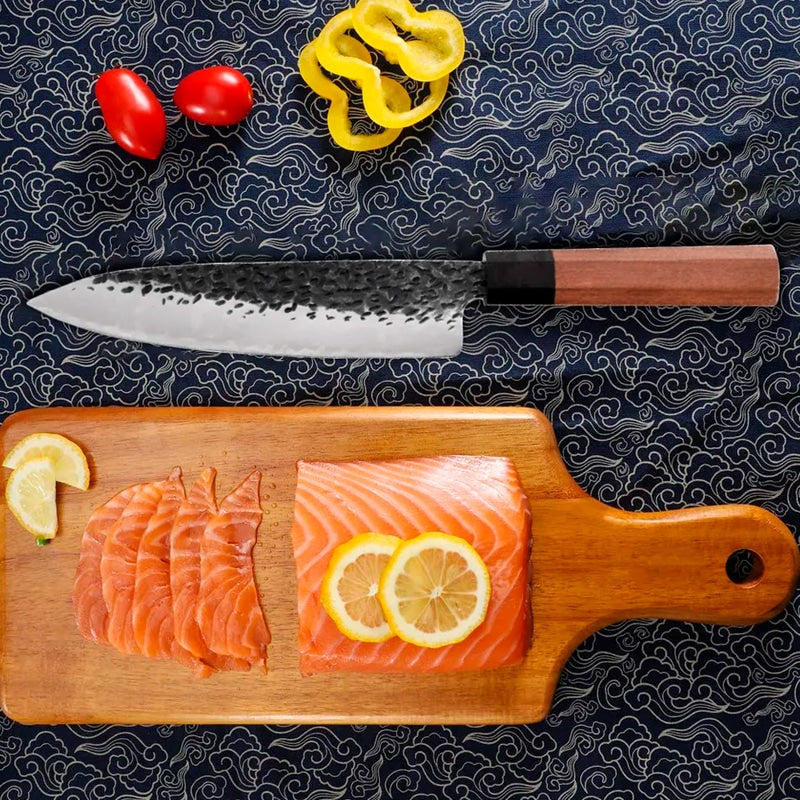 Cuțit profesional japonez HOCHO Gyuto, seria JP, oțel japonez HRC 60 călire manuală, mâner Deluxe Pakka – imagine produs 6