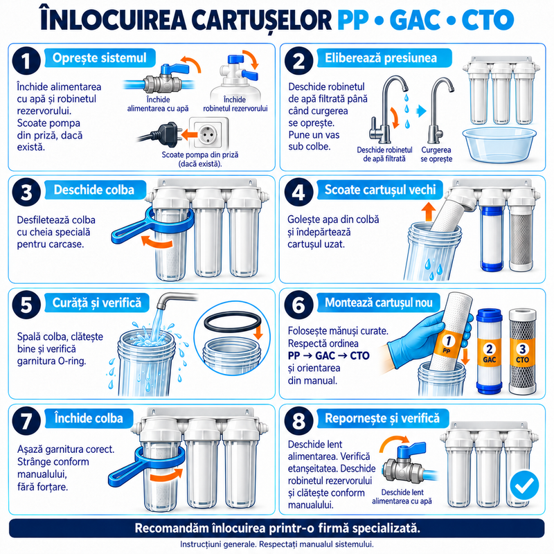 Infografic cu pașii de înlocuire a cartușelor PP, GAC și CTO