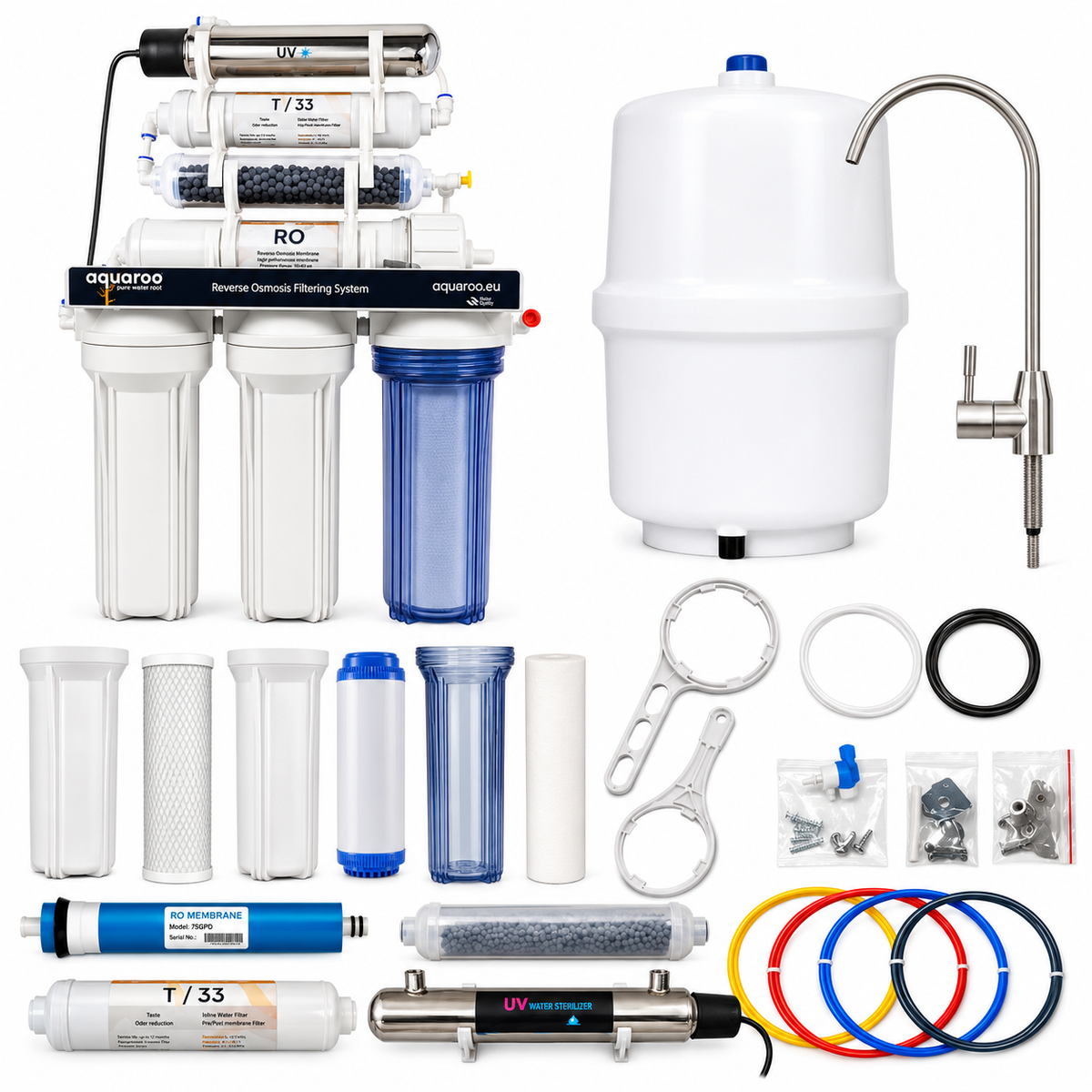 AQUAROO ARO1-6A cu UV — unitate, rezervor, robinet, cartușe și accesorii prezentate separat